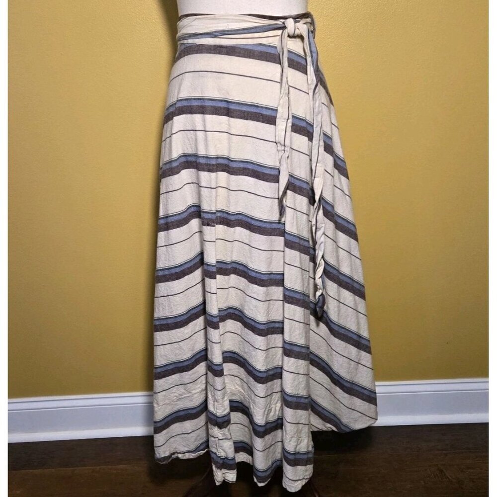 Handcrafted Ladies Long Wrap Skirt Small Thick Linen Blue Brown Cream Stains Dir